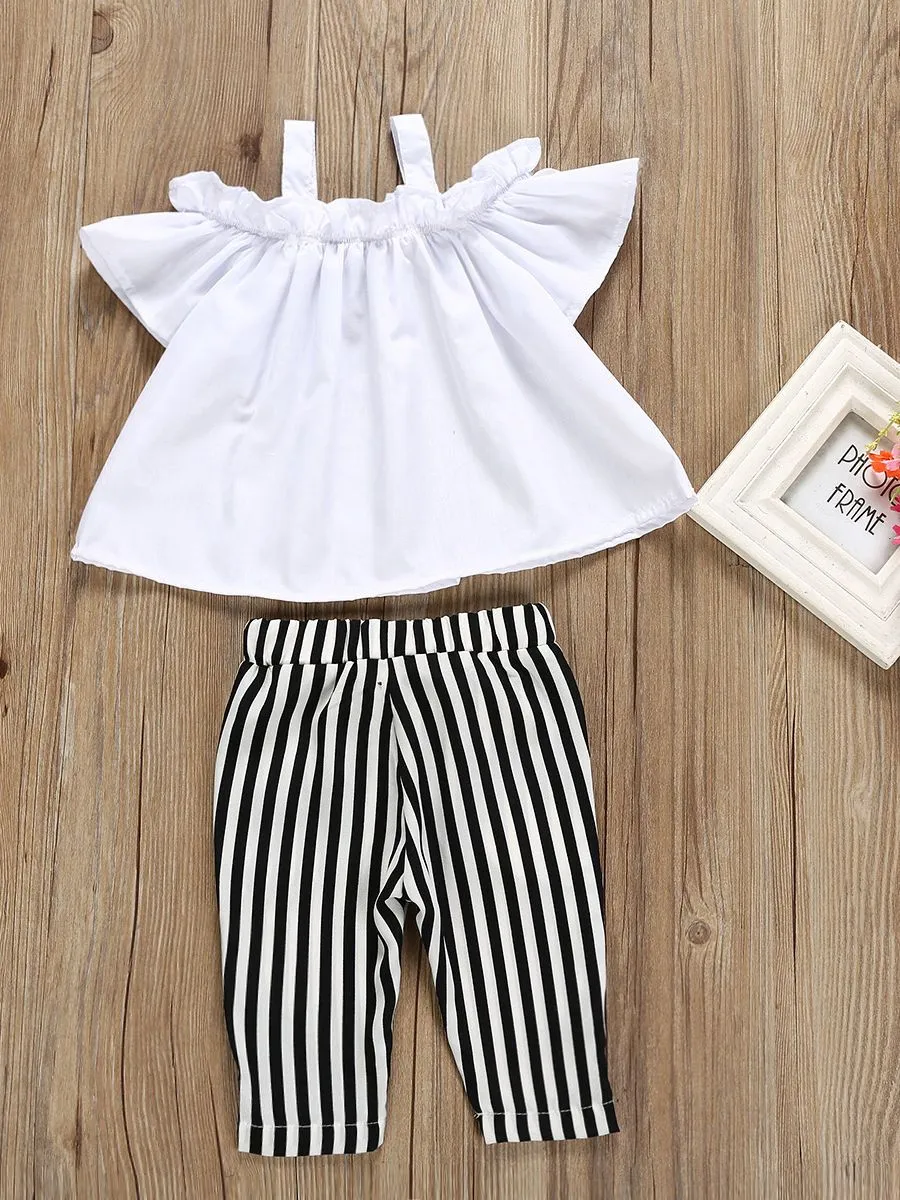 Baby Toddler Girl White Ruffle Suspender Top Casual Pants 2-Piece Summer Outfits