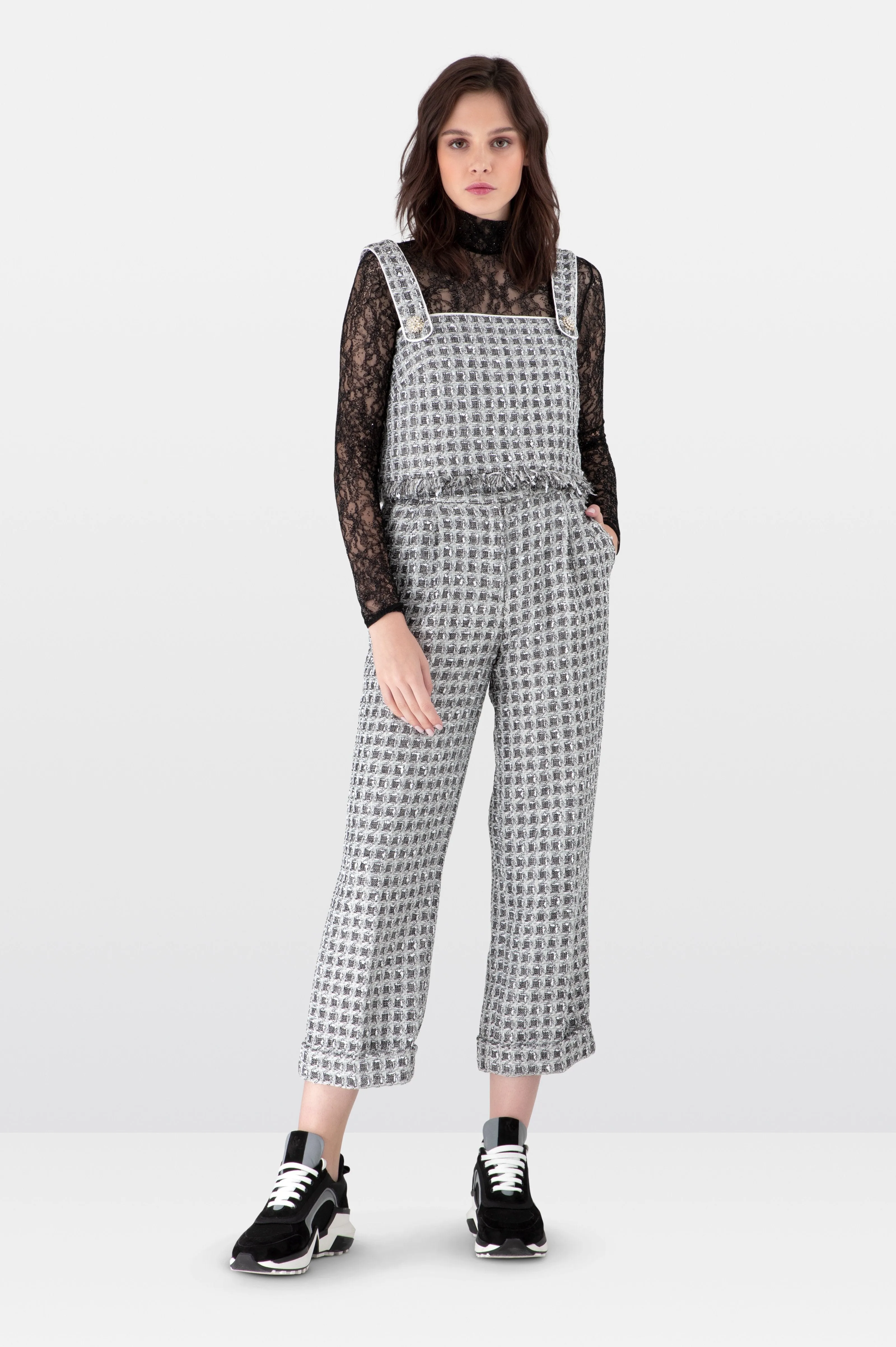 Black And White Tweed Straight Leg Trousers