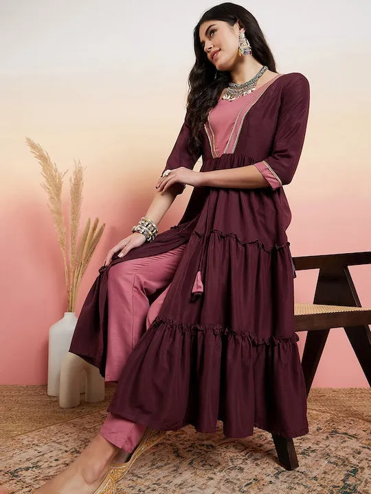 Brown Round Neck High Slit Gotta Patti A-Line Kurta with Trousers