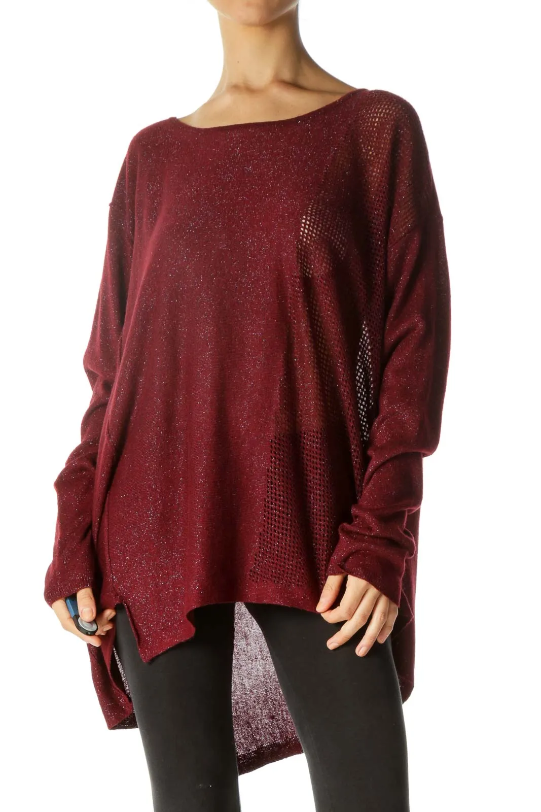 Burgundy Black Silver Round Neck Soft See-Through Knit Top