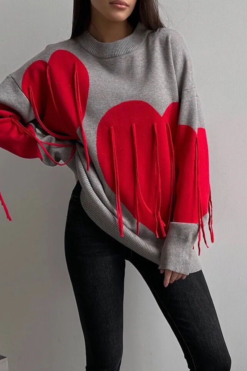 Casual Street Heart Shaped Fringed Trim Weave Contrast O Neck Sweaters(5 Colors)