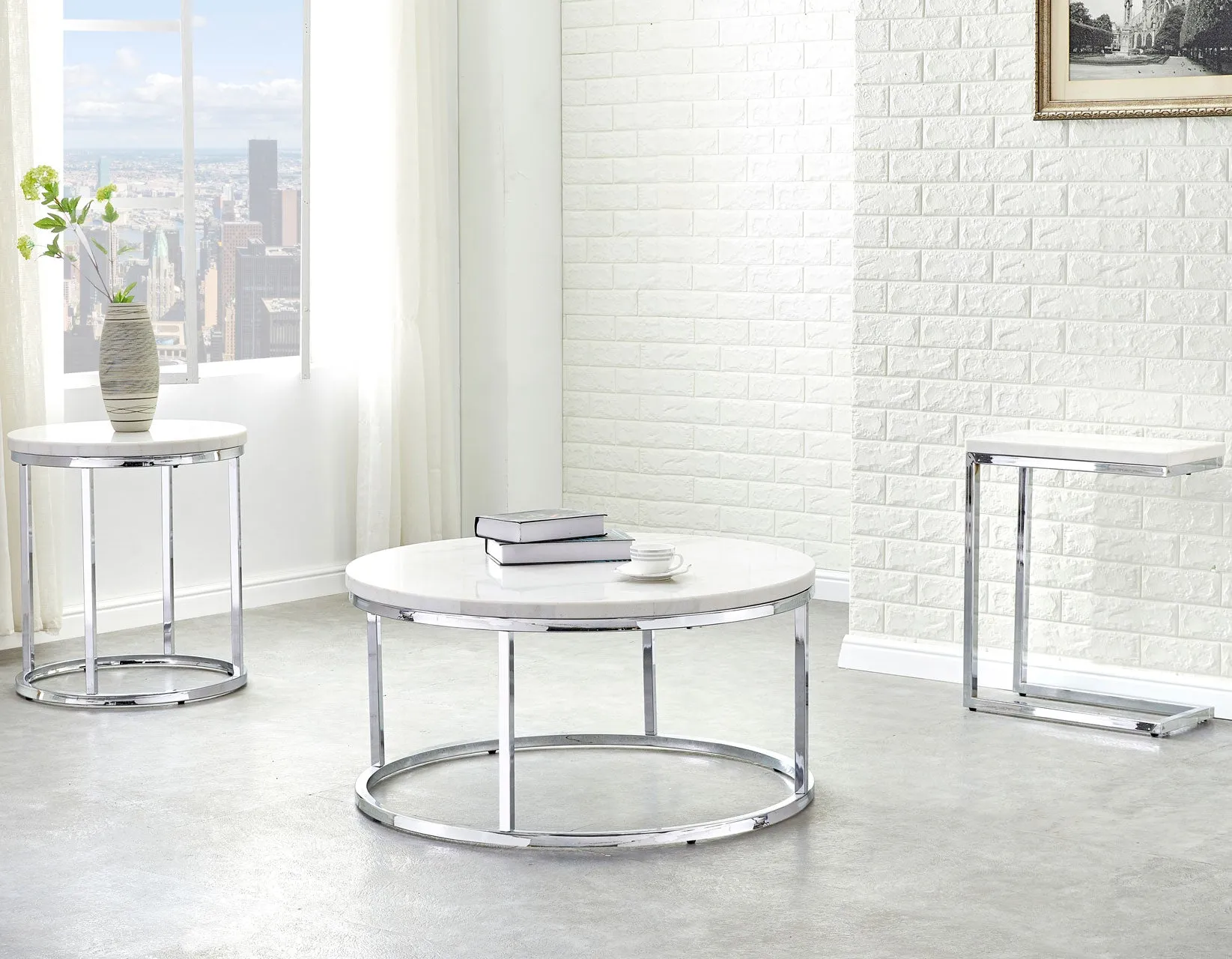 Echo White Marble Top Round End Table