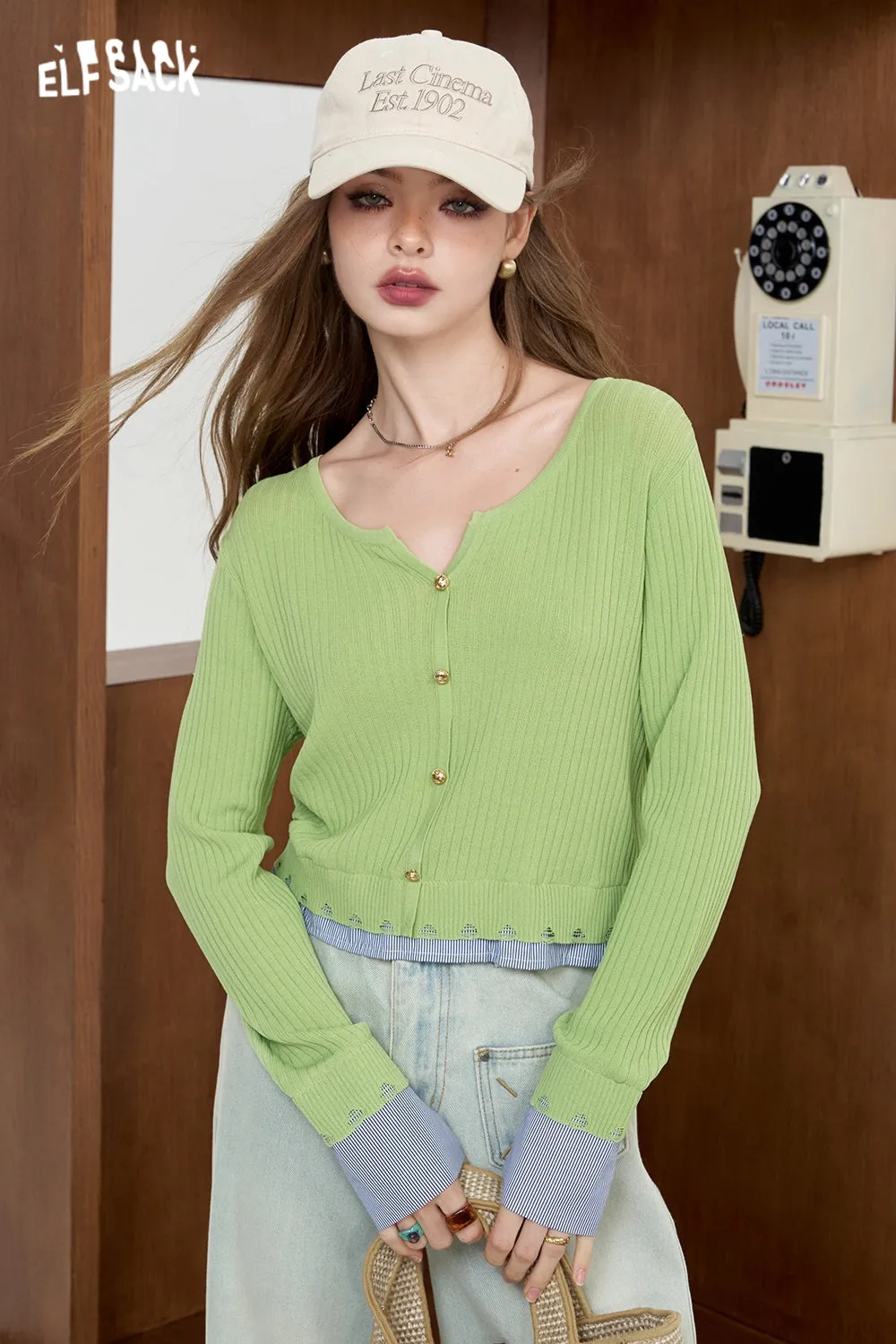 ELFSACK 2024 Summer New Arrivals Striped shirt patchwork knit sweater for women fake two lightweight and slimming tops