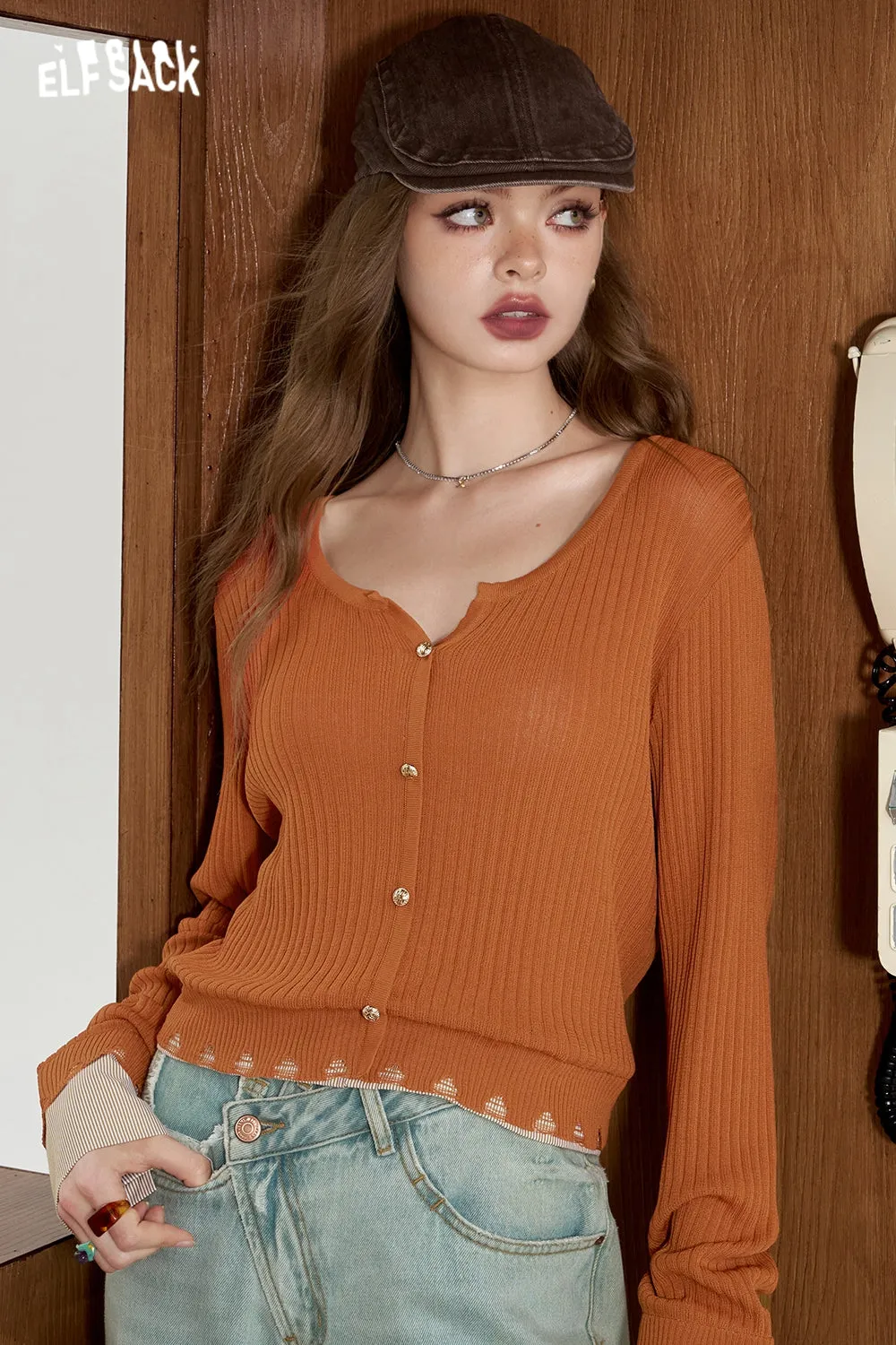 ELFSACK 2024 Summer New Arrivals Striped shirt patchwork knit sweater for women fake two lightweight and slimming tops