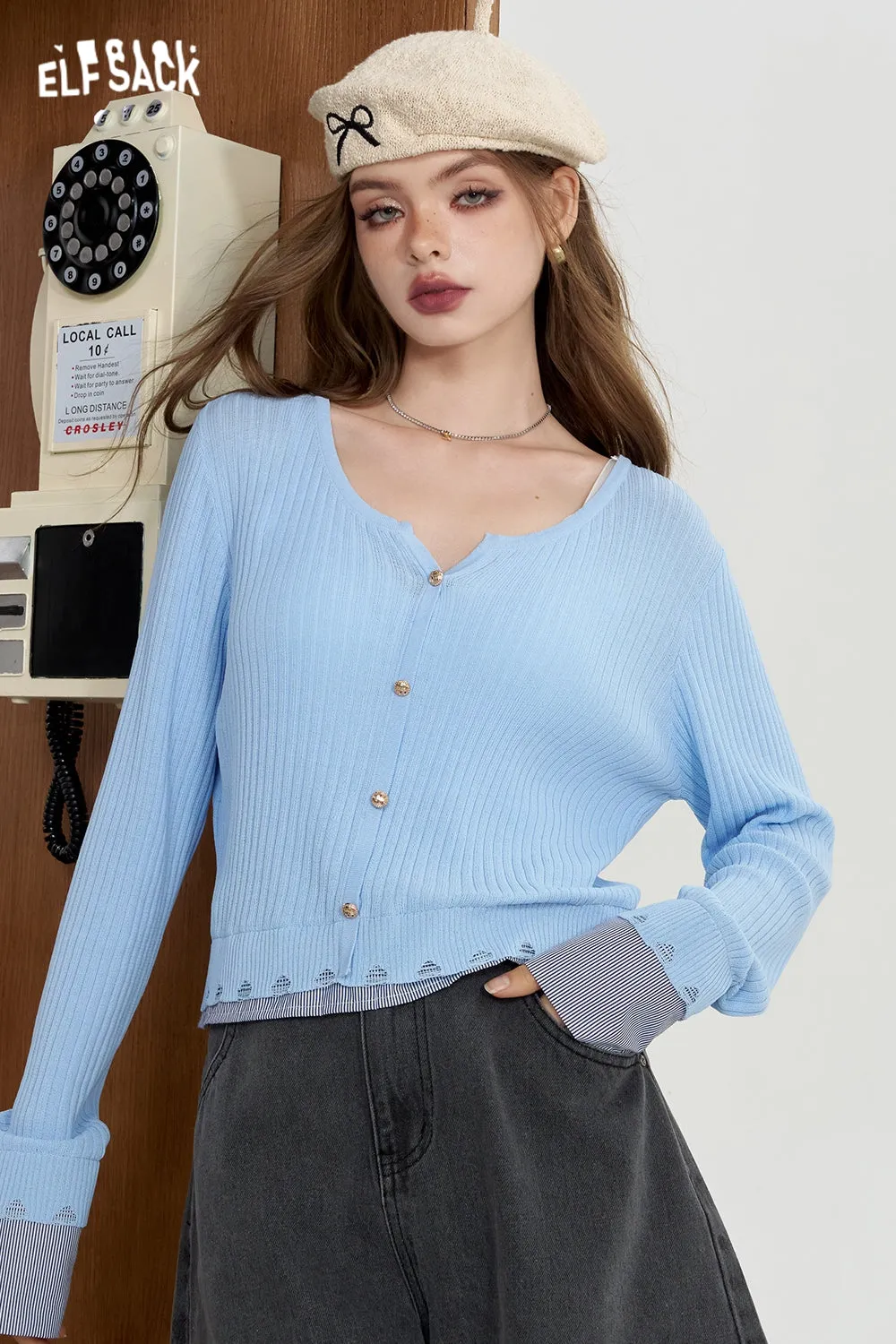 ELFSACK 2024 Summer New Arrivals Striped shirt patchwork knit sweater for women fake two lightweight and slimming tops