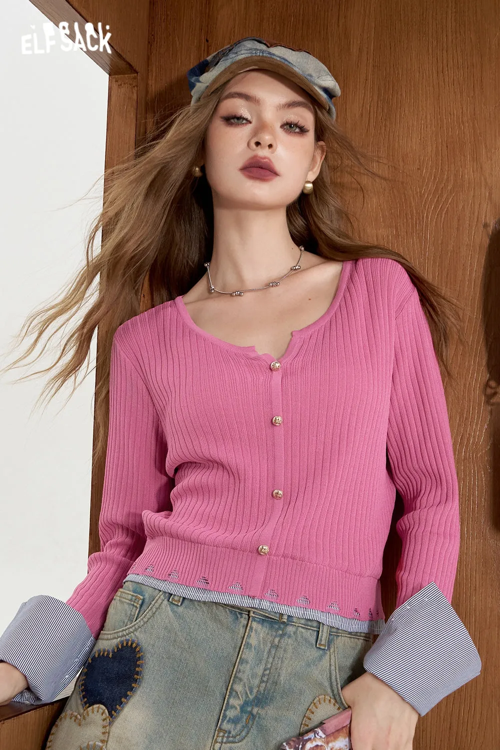 ELFSACK 2024 Summer New Arrivals Striped shirt patchwork knit sweater for women fake two lightweight and slimming tops