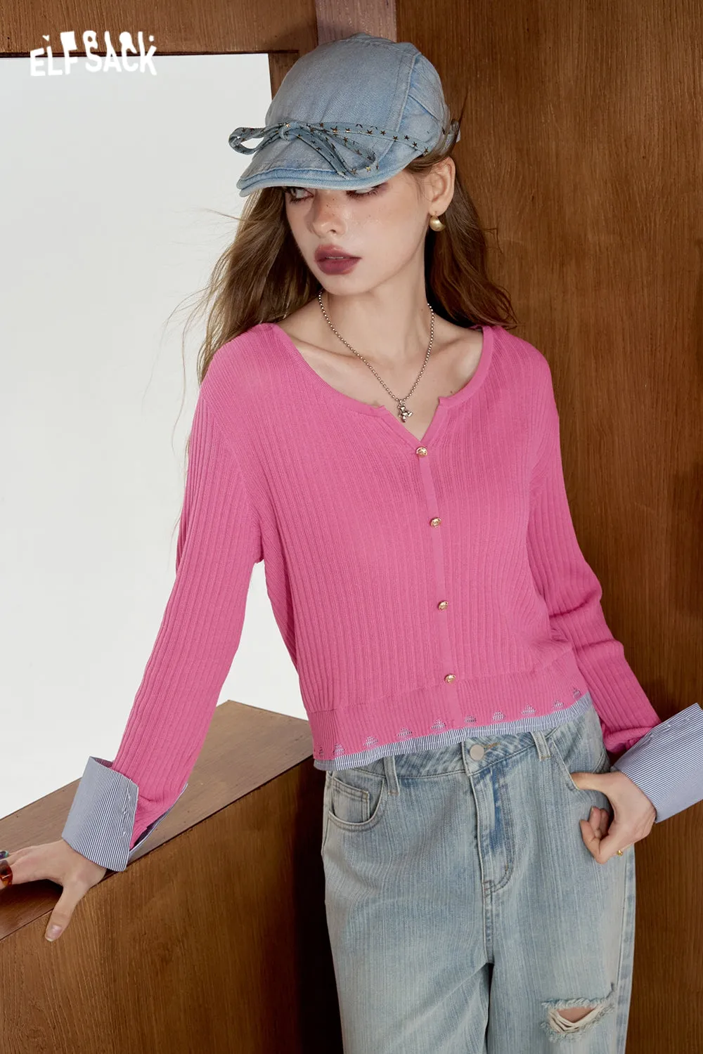 ELFSACK 2024 Summer New Arrivals Striped shirt patchwork knit sweater for women fake two lightweight and slimming tops