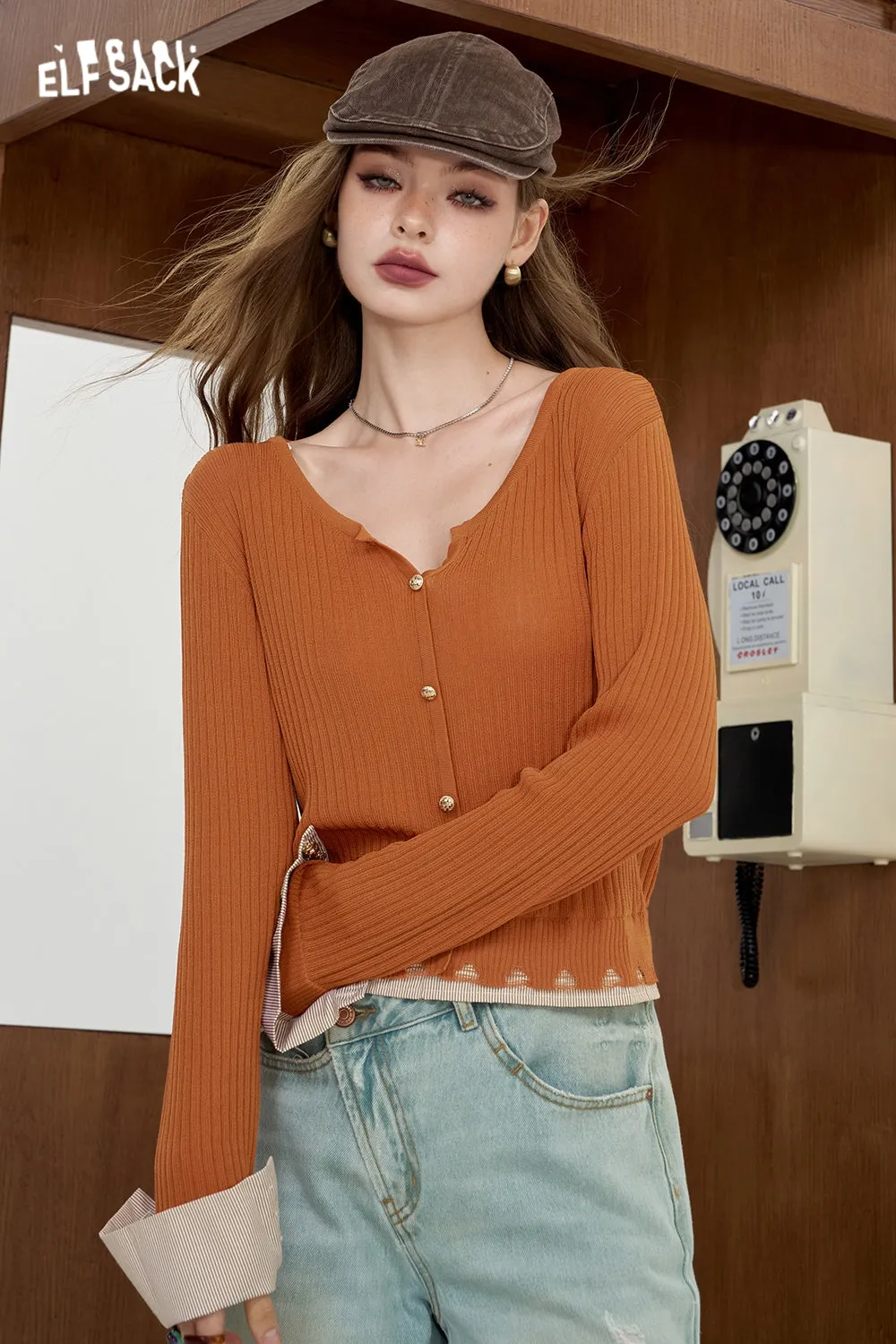 ELFSACK 2024 Summer New Arrivals Striped shirt patchwork knit sweater for women fake two lightweight and slimming tops