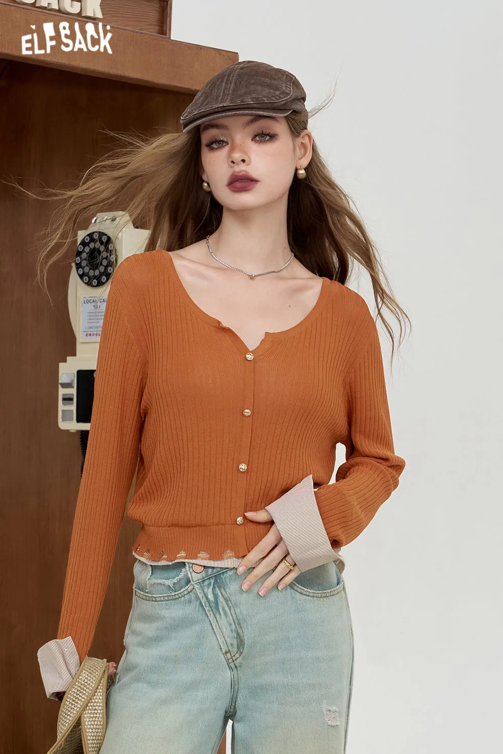 ELFSACK 2024 Summer New Arrivals Striped shirt patchwork knit sweater for women fake two lightweight and slimming tops