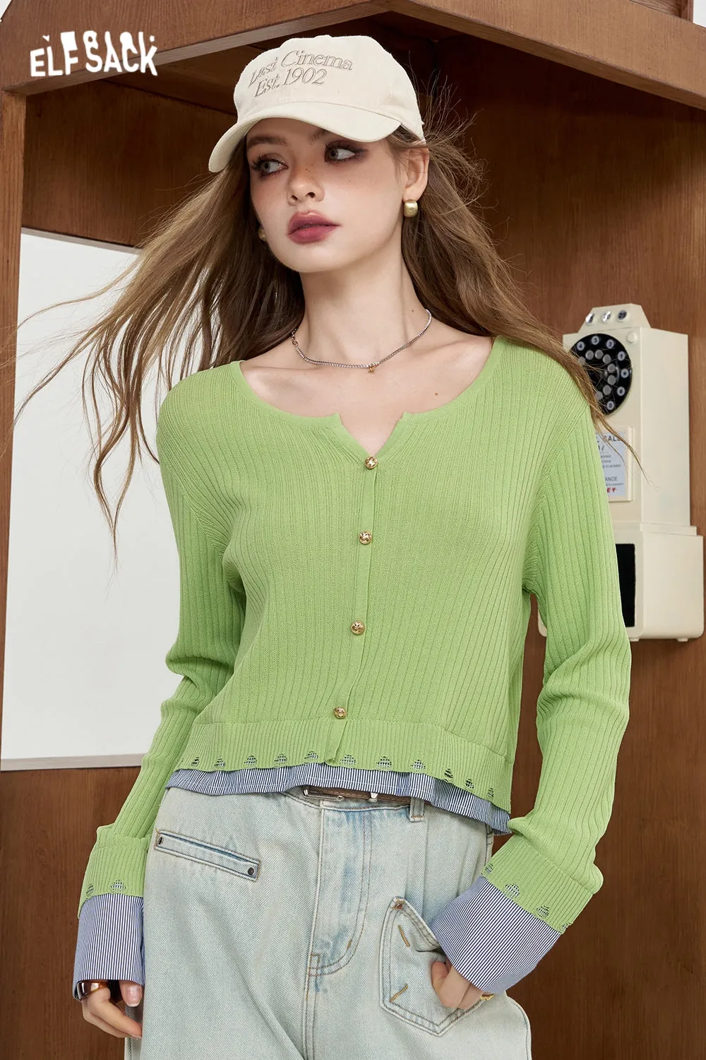 ELFSACK 2024 Summer New Arrivals Striped shirt patchwork knit sweater for women fake two lightweight and slimming tops