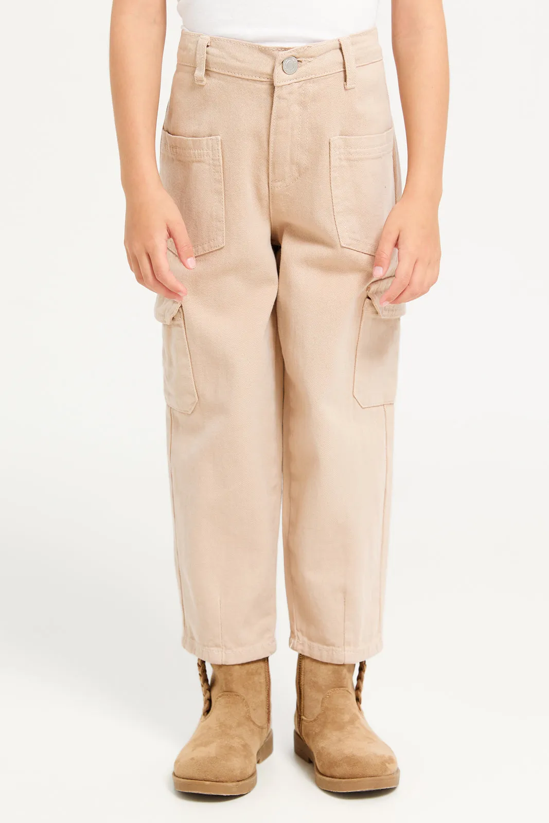 Girls Beige Cargo Denim Jeans