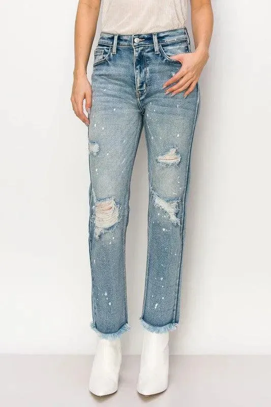 High Rise Distressed Straight with Fray Hem Jeans