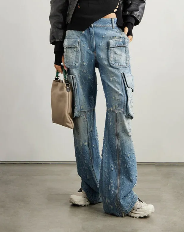 High Waist Loose Ripped Cargo Jeans Women