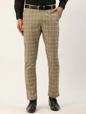 Jashvi Men's Beige Tartan Checked Formal Trousers