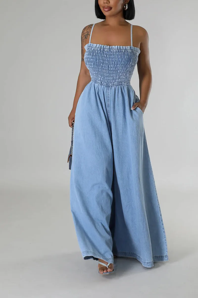 JR3112 Wide Leg Denim Jumpsuits Pant