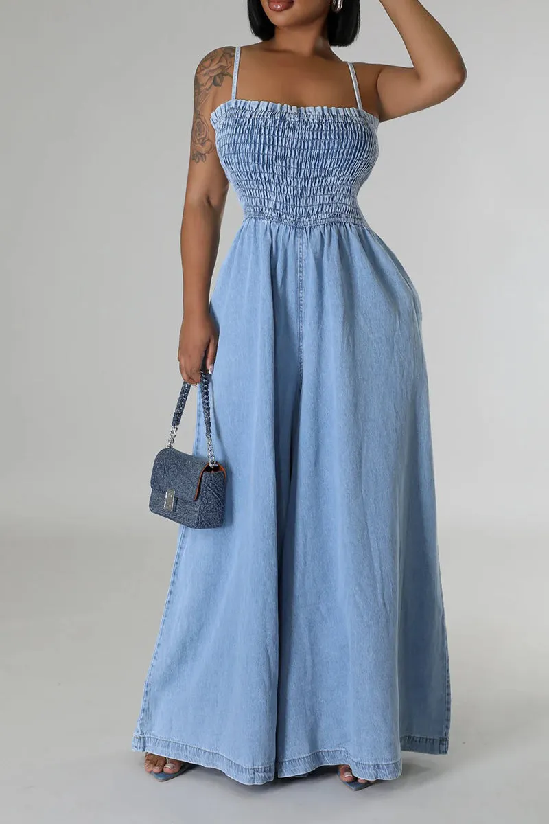 JR3112 Wide Leg Denim Jumpsuits Pant