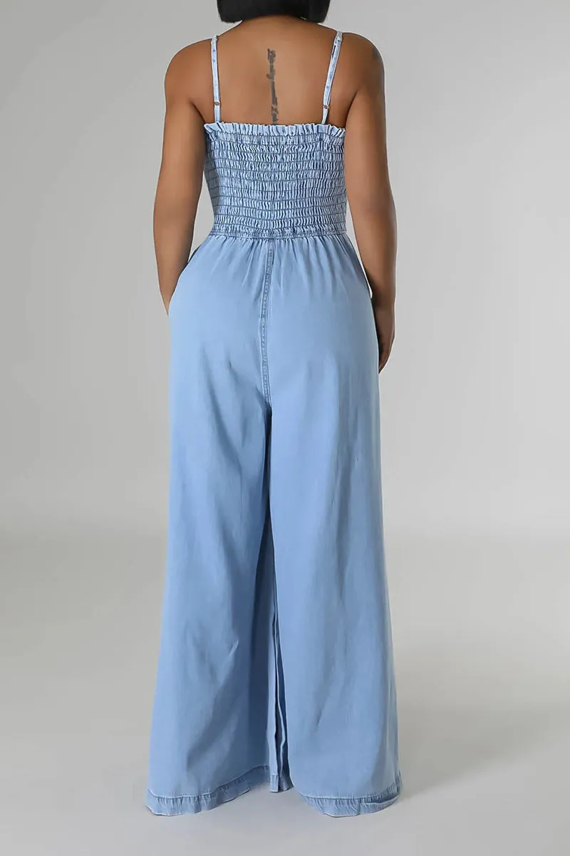 JR3112 Wide Leg Denim Jumpsuits Pant