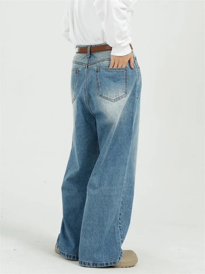 Men's All Match Blue Washed Stylish Wide Leg Jeans