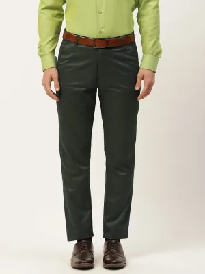 Men's Cotton Blend Bottle Green Solid Formal Trousers - Sojanya