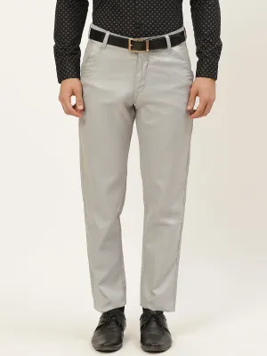 Men's Cotton Blend Grey & Off White Self Design Formal Trousers - Sojanya