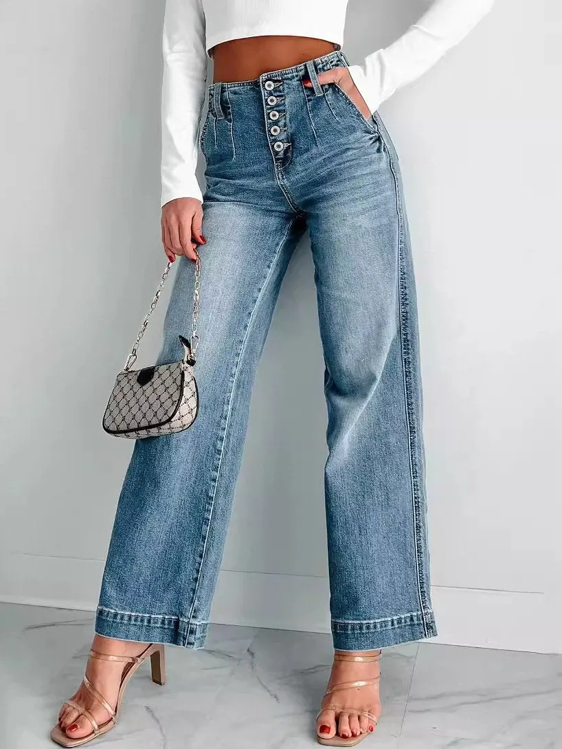 Stylish High-Waist Multi-Pocket Straight-Leg Jeans