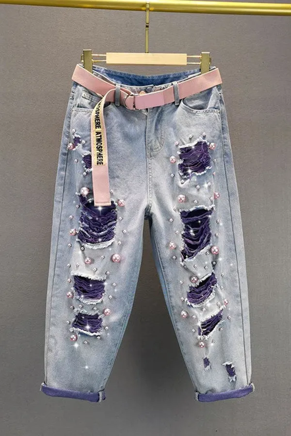 Stylish Ripped Detail Pearls Design Jeans