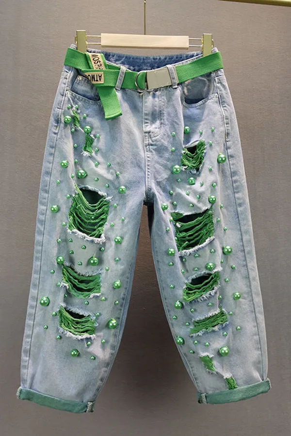 Stylish Ripped Detail Pearls Design Jeans