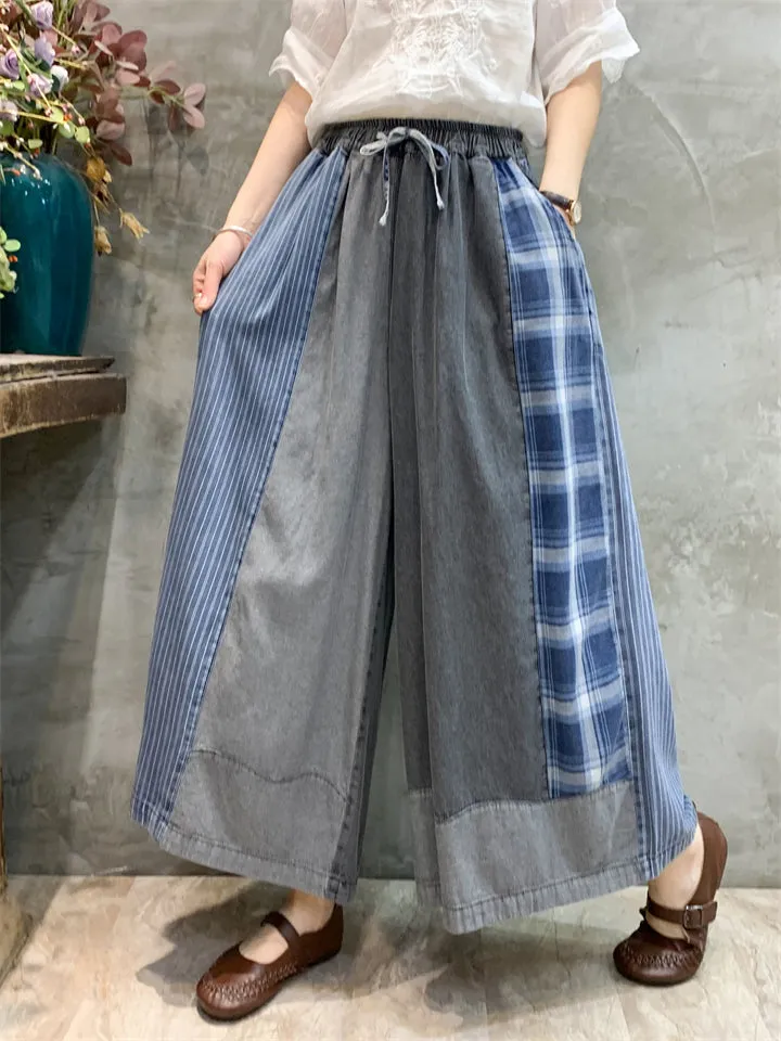 Women's Stylish Plaid Patchwork Drawstring Wide-Leg Jeans