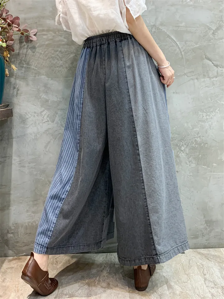 Women's Stylish Plaid Patchwork Drawstring Wide-Leg Jeans