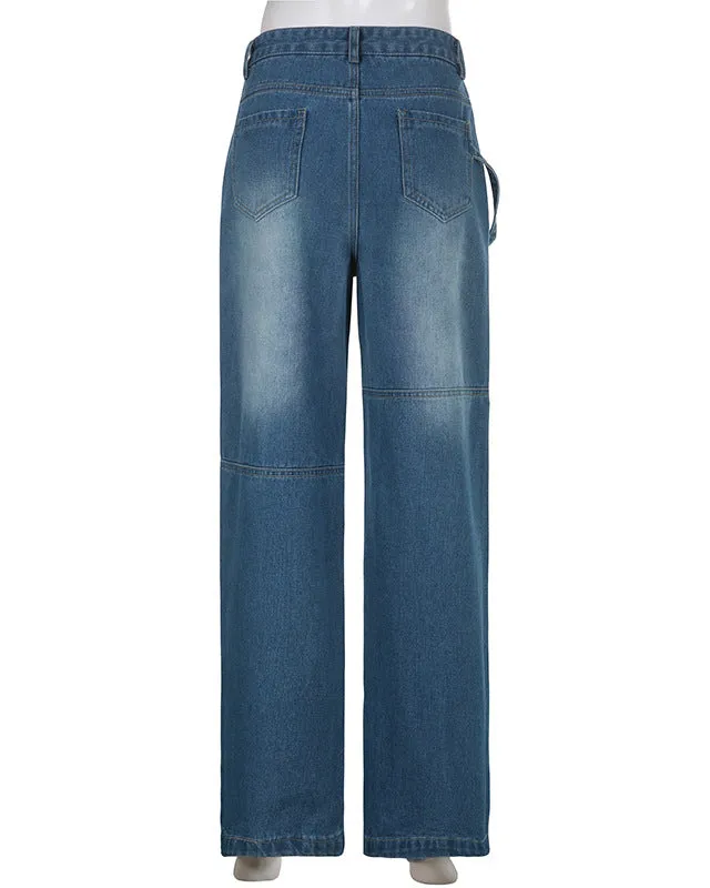 Zippered Multi-Pocket Workwear High-Waisted Wide-Leg Jeans